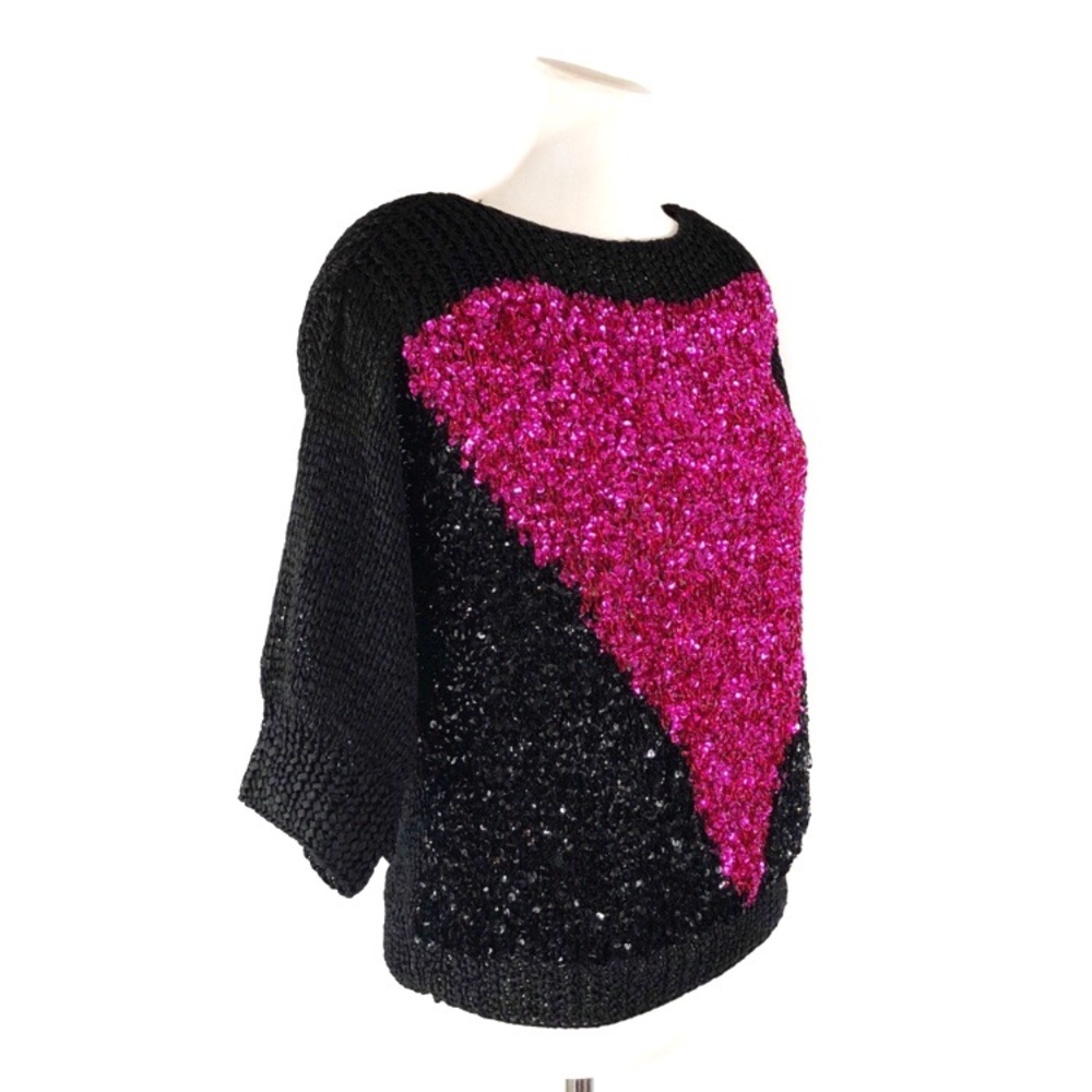 Vintage Black Fuchsia Sequins Knit Sweater Top